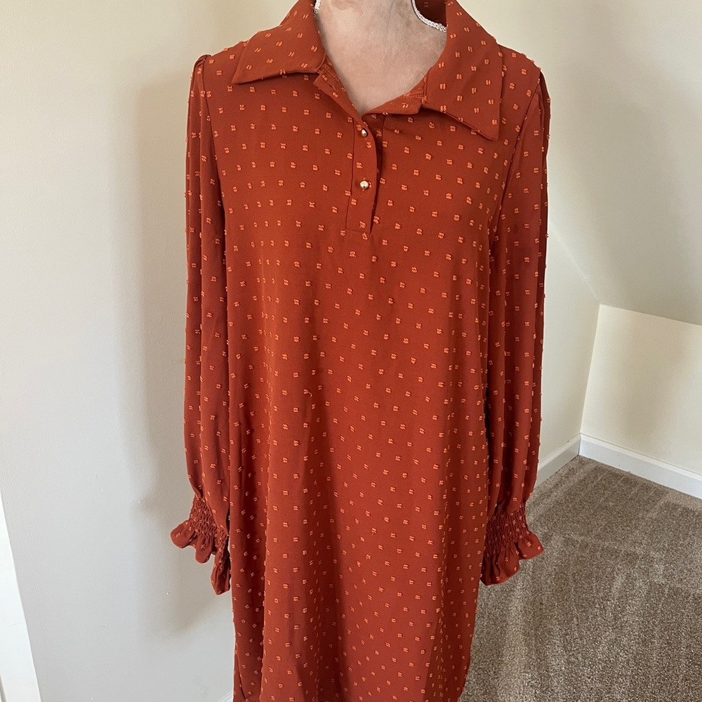 Burnt Orange Long Sleeve Collared Shift Office Dress Gold Buttons Size XL